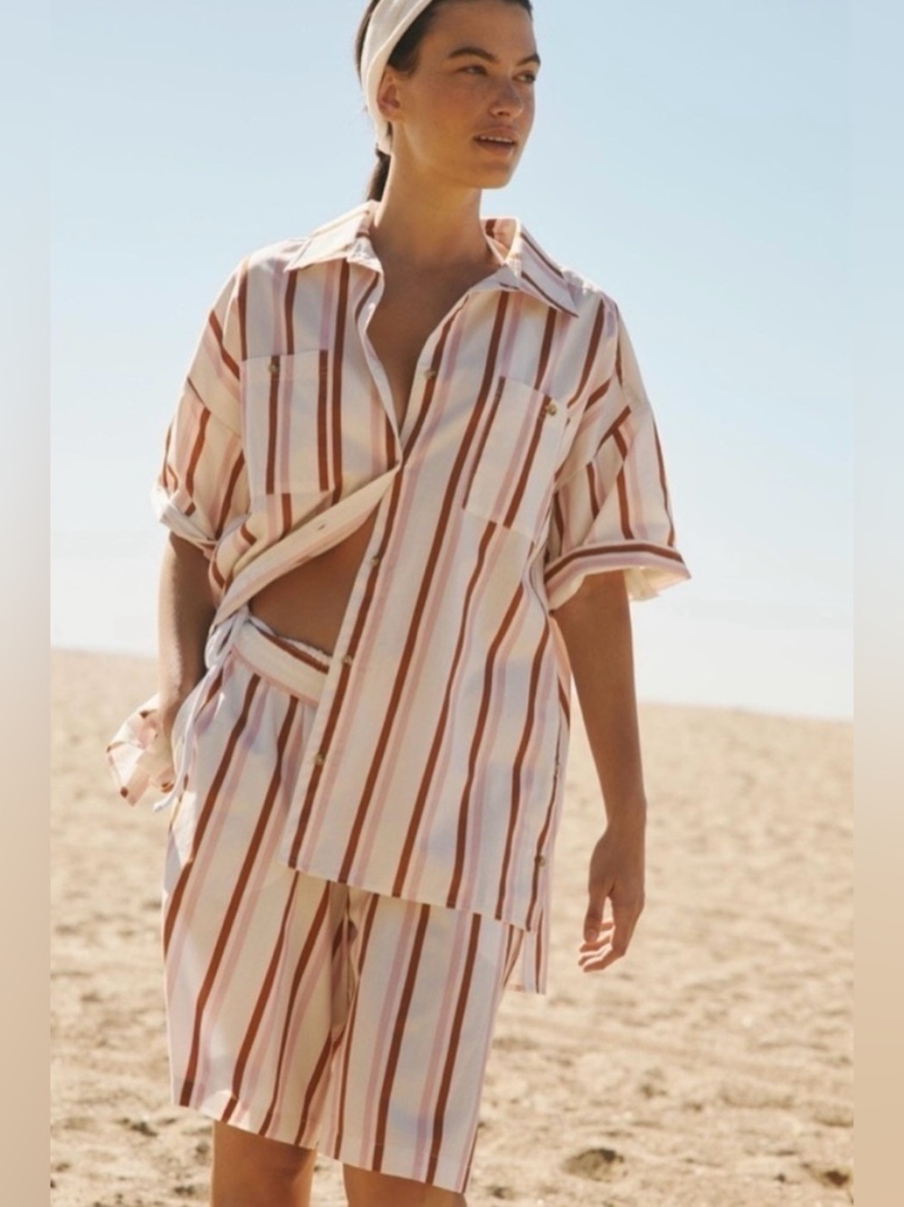 Anthropologie Striped Two-Piece set in Cream & Brown-Red